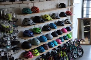 shelves of bicycle helmets